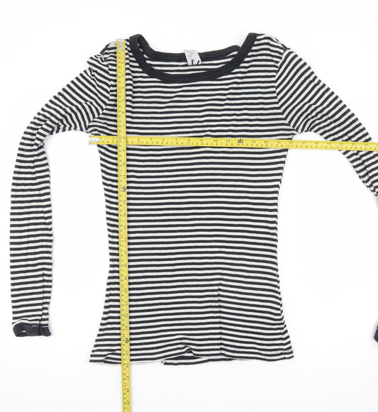 Zara Women Black White Striped Long Sleeve Basic T-Shirt L