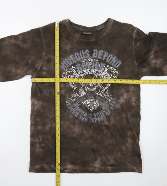 Identic Mens Brown Tie-Dye Long Sleeve Skull Graphic T-Shirt M