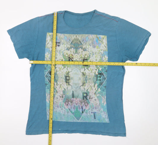 EASY Mens Blue Graphic Print Crew Neck Cotton T-Shirt L