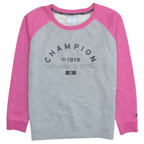 Additional front view of Champion unisex grey pink 2xl pullover crew neck sweatshirt