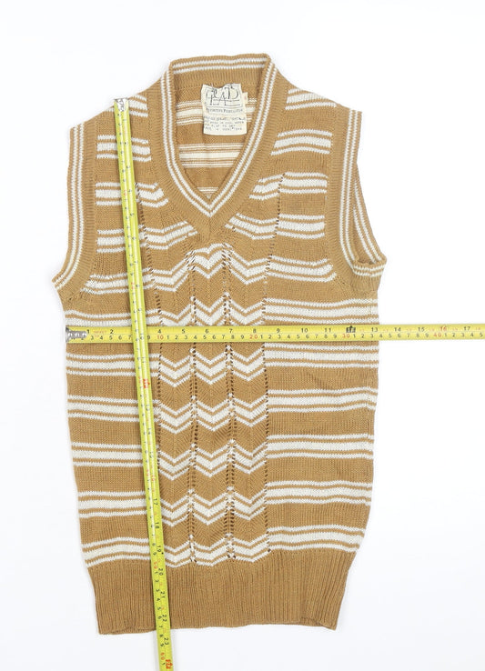 Trad Women's Beige Striped Wool Blend Sleeveless V-Neck Vest M