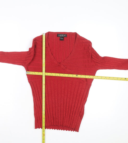 August Silk Women Red Ribbed Wrap V-Neck Knit Top Size L