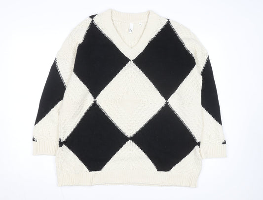 AND/OR Women's Black & Cream Argyle V-Neck Knit Jumper Size M