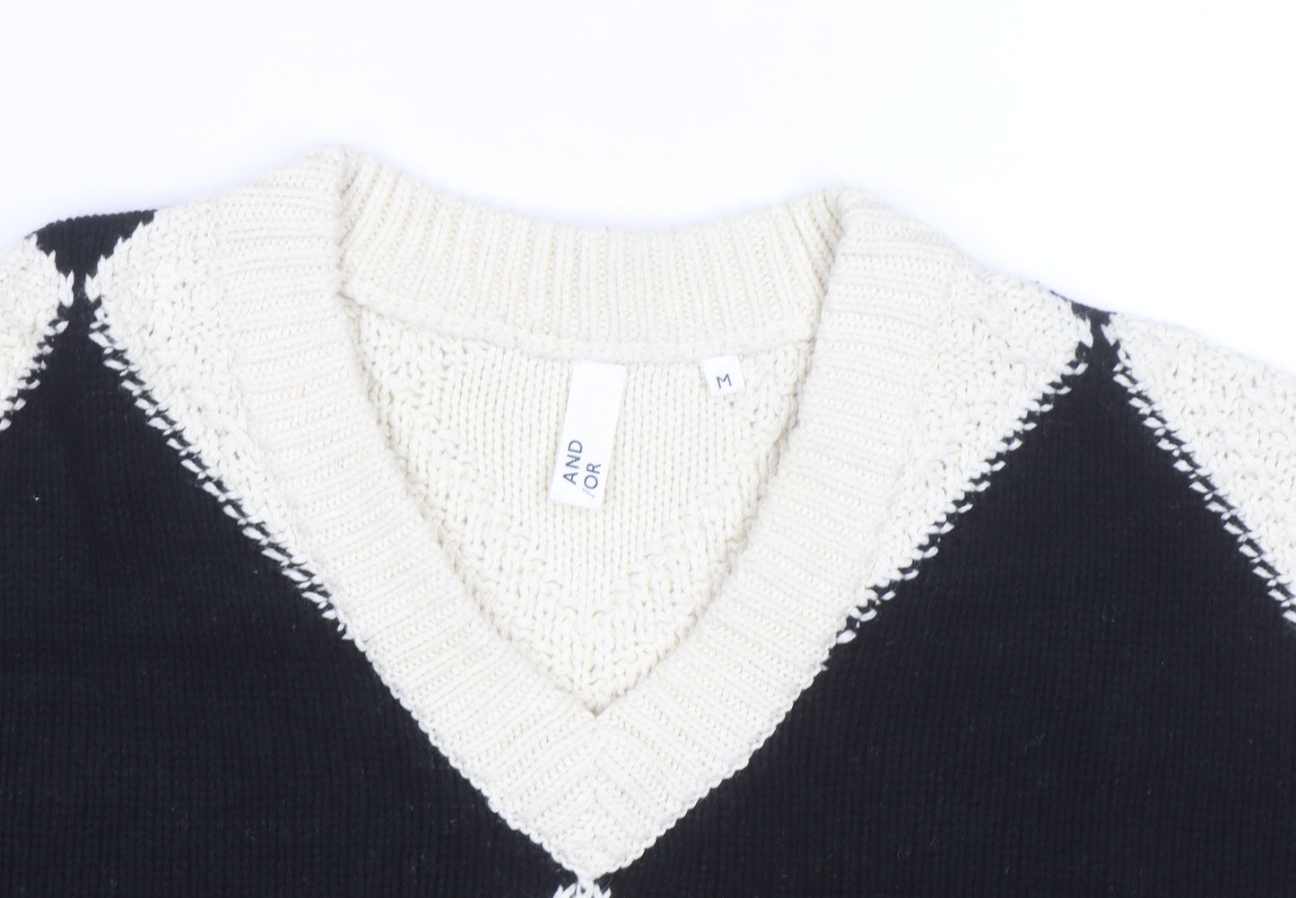 AND/OR Women's Black & Cream Argyle V-Neck Knit Jumper Size M