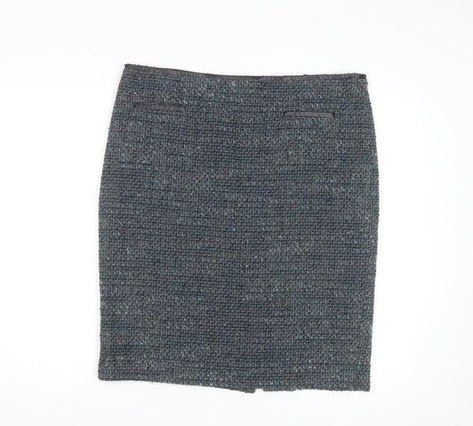 Marks and Spencer Women Blue Tweed Knee Length Wool Blend Pencil Skirt Size 16