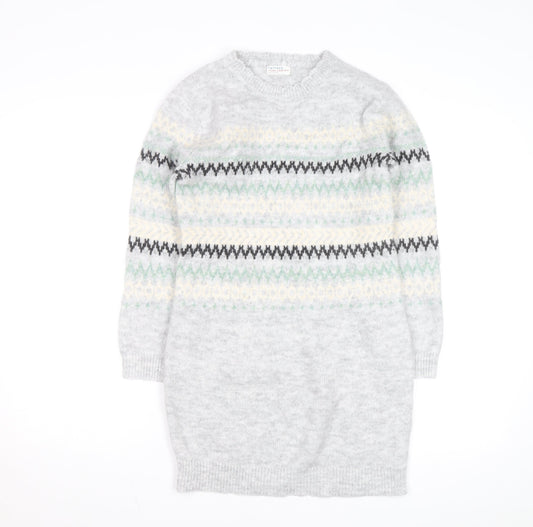 FatFace Girls Grey Fair Isle Long Sleeve Knit Sweater Dress 10-11 Years