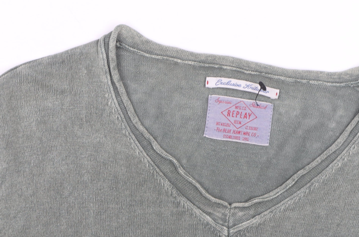Replay Men's Green Long Sleeve V-Neck Cotton Casual Top M