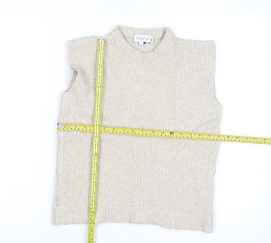 Aligne Women’s Beige Wool Blend Mock Neck Sleeveless Vest Jumper Size S
