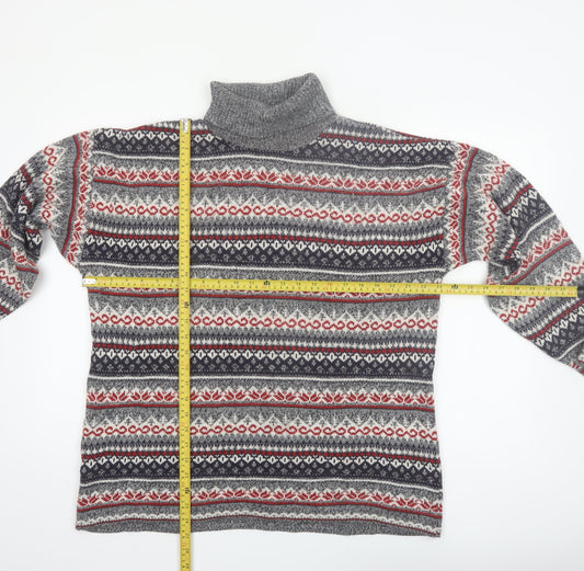 Weekend Edition Men's Grey Fair Isle Roll Neck Jumper L