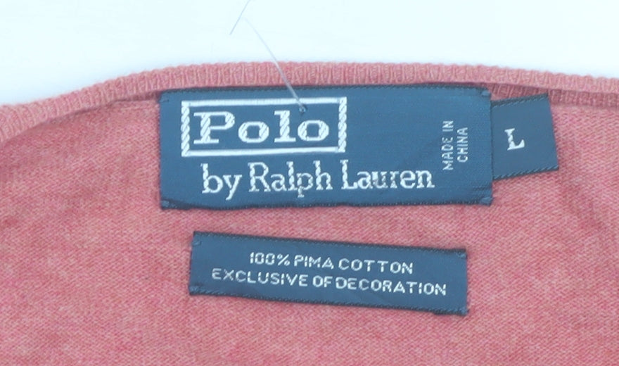 Polo Ralph Lauren Men's Pink V-Neck Cotton Jumper Size L