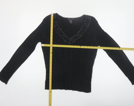New York & Company Women’s Black Beaded V-Neck Knit Jumper Size L
