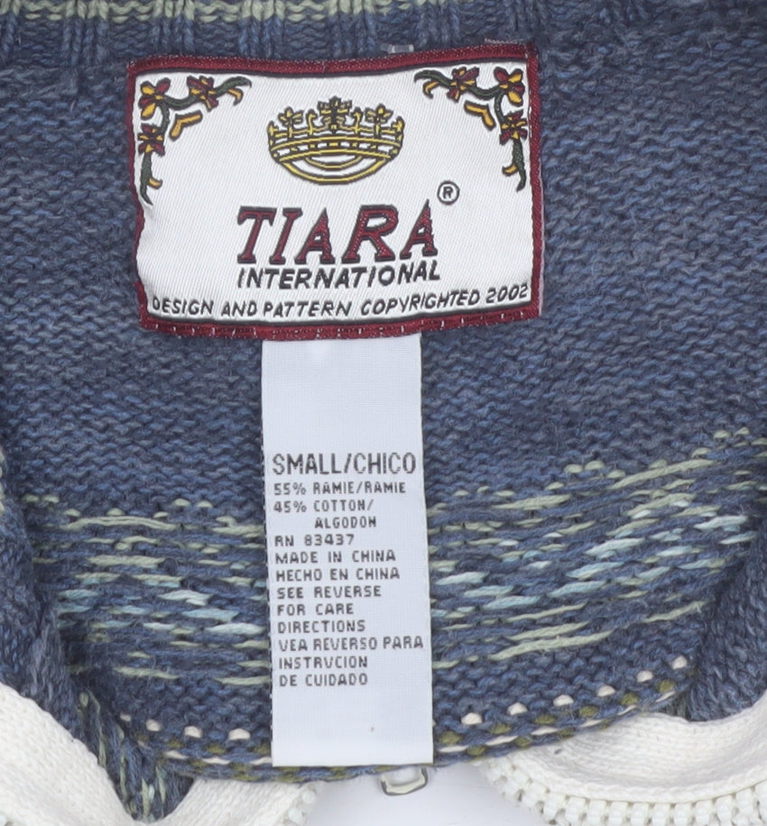 Tiara International Women's White Blue Fair Isle Cardigan Small