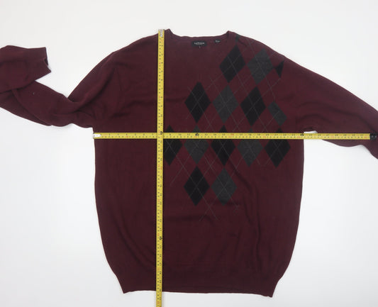 Van Heusen Men Red Argyle V-Neck Cotton Jumper XL