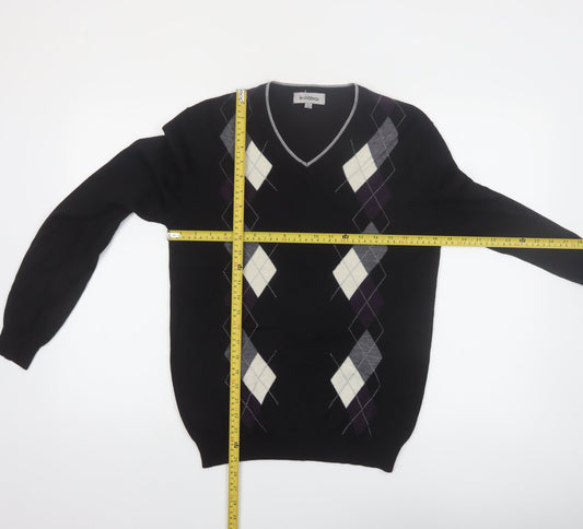 Le Chateau Men's Black Argyle Wool Blend V-Neck Jumper Size S