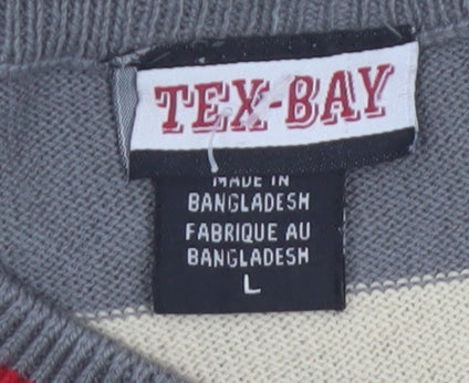 TEX-BAY Men’s Grey Beige Striped V-Neck Cotton Jumper Size L