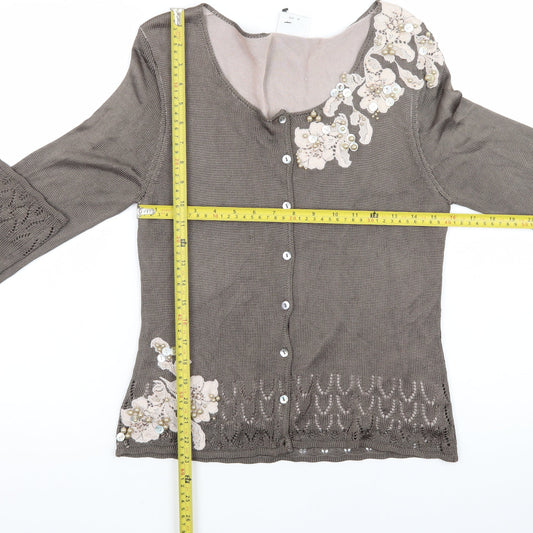 Next Women’s Brown Floral Embroidered Cardigan UK 14 Scoop Neck
