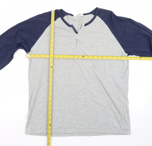 Hawiton Mens Grey Blue Henley Long Sleeve Cotton T-Shirt Size L