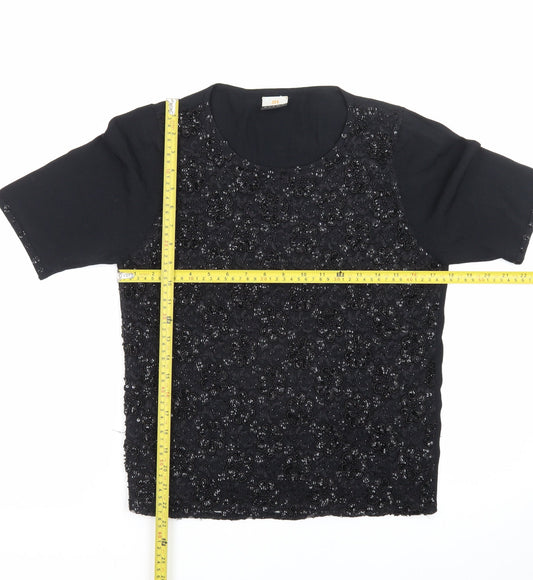 JH Event Women Black Beaded Short Sleeve Pullover Jumper Size 16