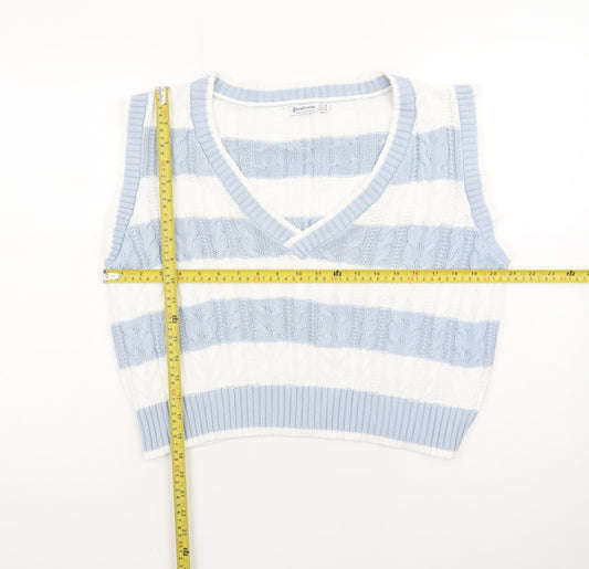 Stradivarius Womens Blue White Striped Cable Knit V-Neck Vest Size 12