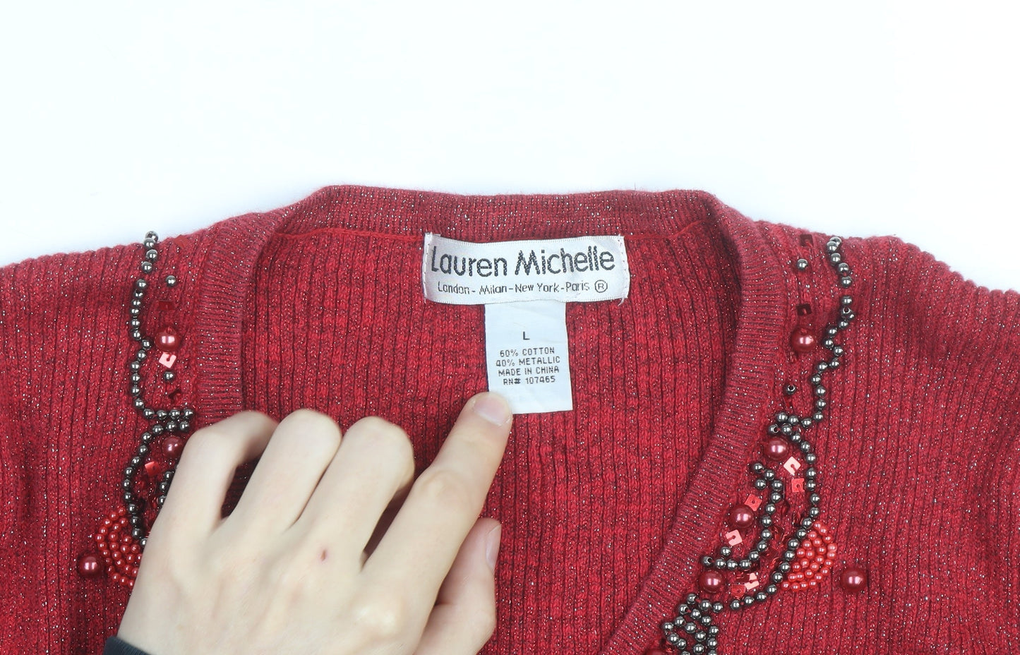 Lauren Michelle Women's Red Beaded V-Neck Knit Jumper Size L
