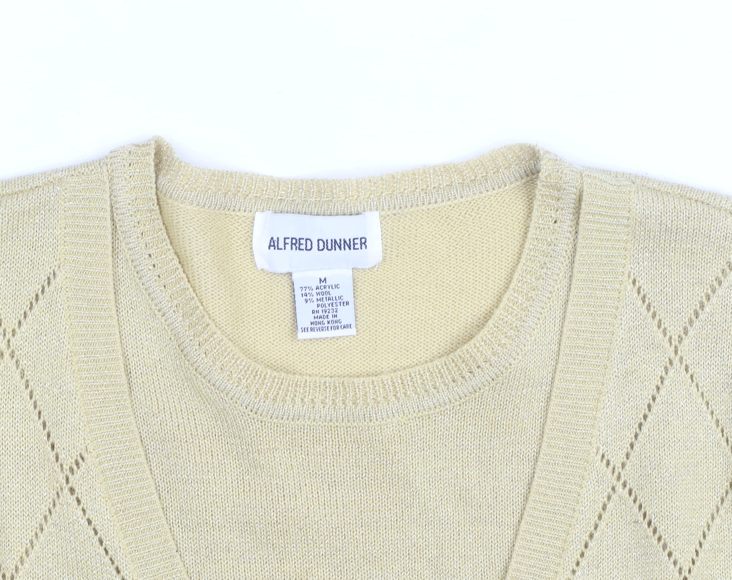 Brand and care label for Alfred Dunner Beige V-Neck Argyle Knit Cardigan M unisex wool blend