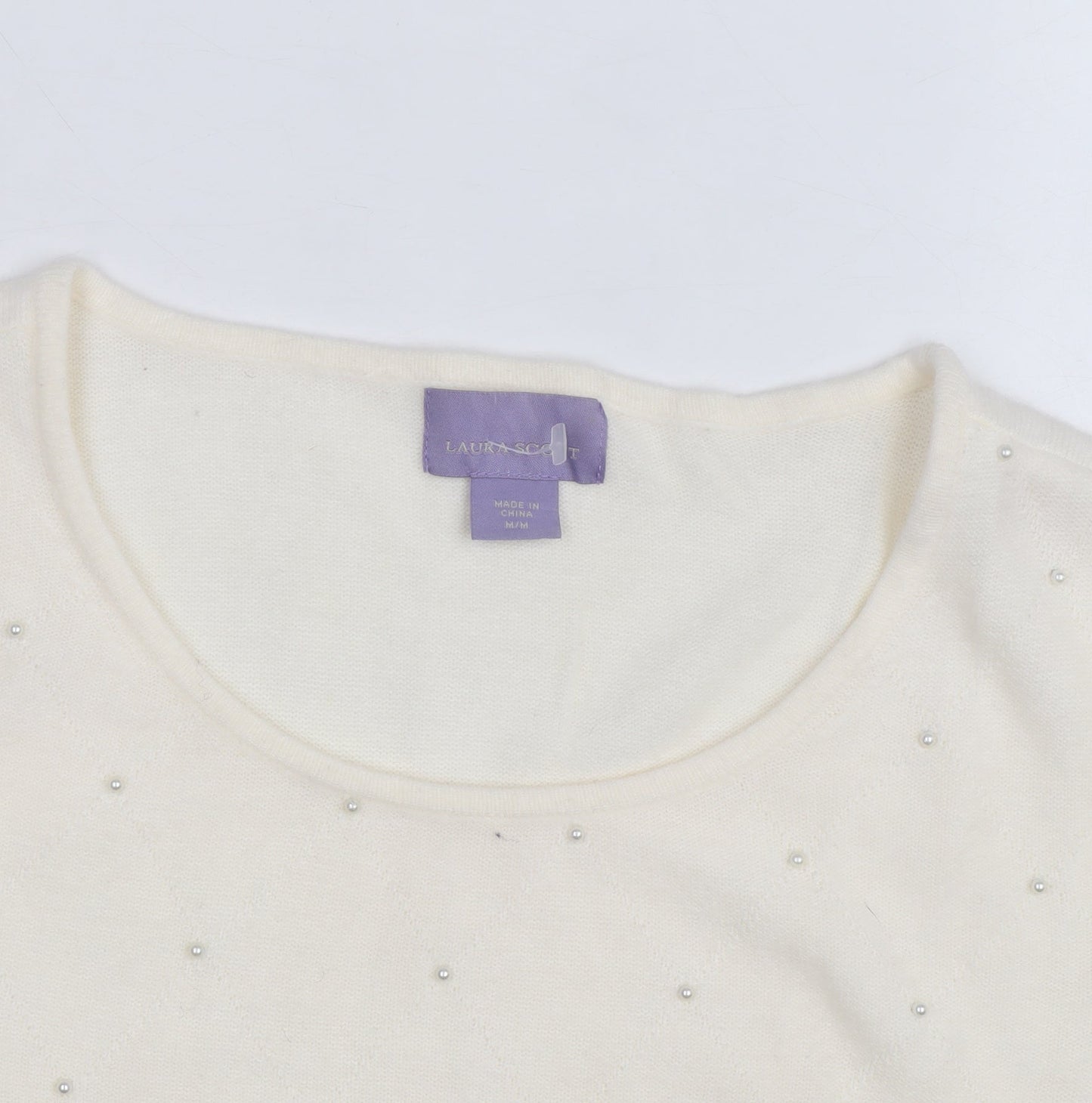 Laura Scott Women’s Ivory Beaded Knit Pullover Jumper Size M