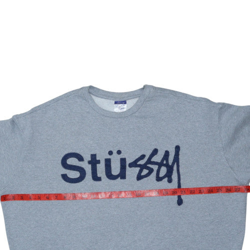 Stüssy Men's Grey Logo Pullover Sweatshirt L Fleece Crew Neck