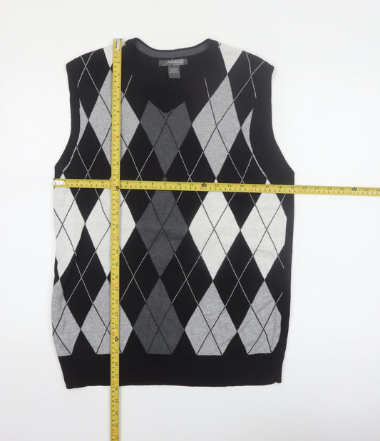 Method Men's Black Argyle V-Neck Sleeveless Vest Jumper L Cotton Blend