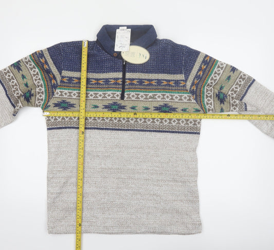 Crocodile Men’s Grey Fair Isle Wool Blend 1/4 Zip Pullover Jumper M