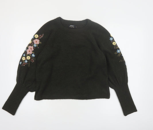 ONLY Women's Black Embroidered Floral Balloon Sleeve Jumper Size M