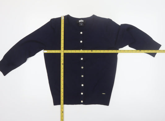 DKNY Women Blue Crew Neck Button Cardigan L Lightweight Knit