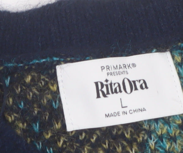 Primark Rita Ora Women's Blue Argyle Short Sleeve Jumper L Knit