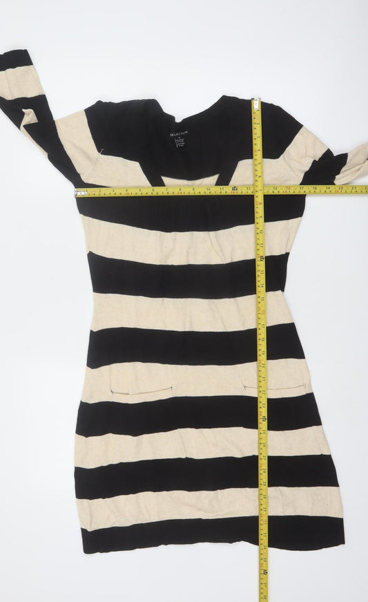 Selection Women's Black Beige Striped Knit Shift Dress M