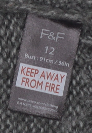F&F Women's Grey Acrylic Knit Cardigan Size 12 Open Front Long Sleeve
