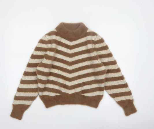 Warehouse Women’s Beige Striped High Neck Long Sleeve Jumper Size 10