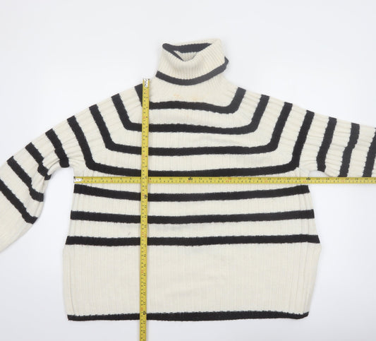 H&M Women's Ivory Black Striped Roll Neck Knitted Jumper Size 12