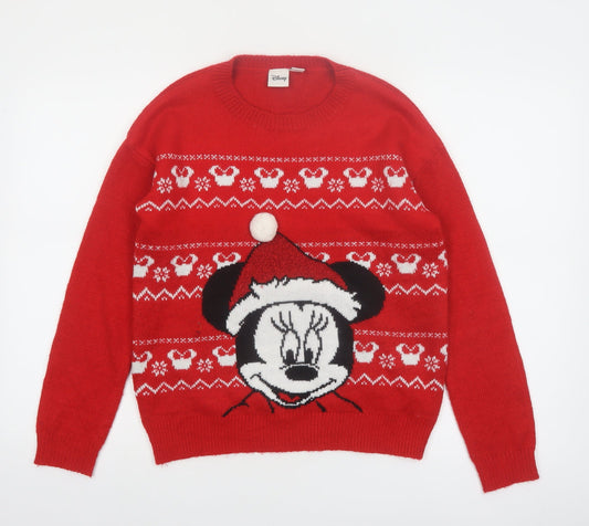Front view of Disney Women’s Red Christmas Minnie Mouse Knit Jumper 2XS