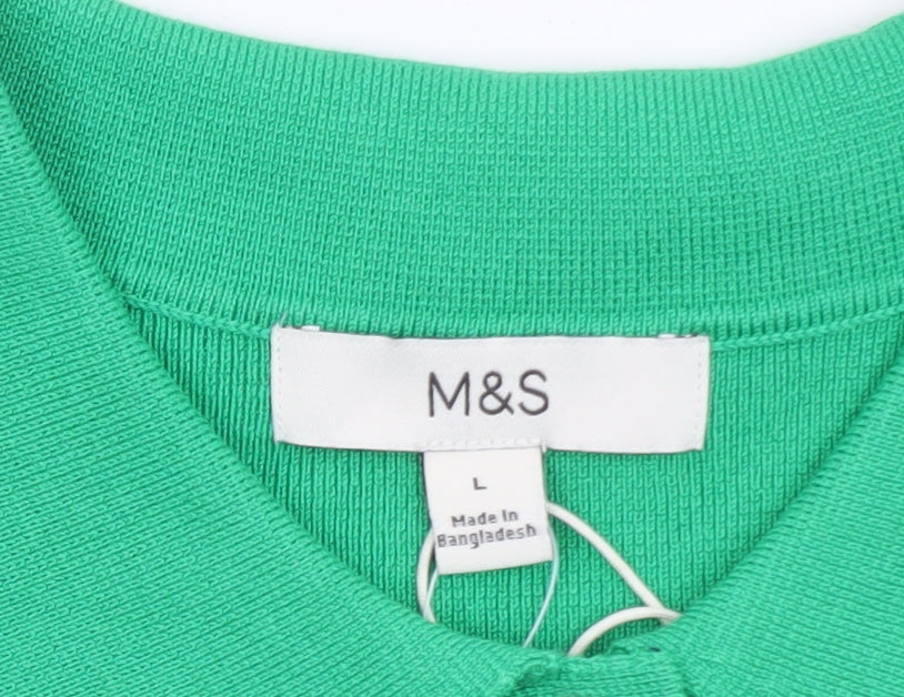 Marks and Spencer Men's Green Colourblock Knit Polo Shirt L