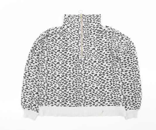 LOFT Women’s Grey Leopard Print High Neck Half Zip Jumper Size S