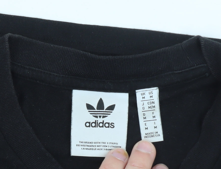 Brand and care label for Adidas Women’s Black Classic Trefoil Logo T-Shirt, size M