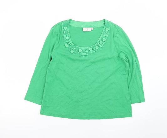 CC Petite Green Beaded Scoop Neck 3/4 Sleeve Cotton Blouse L