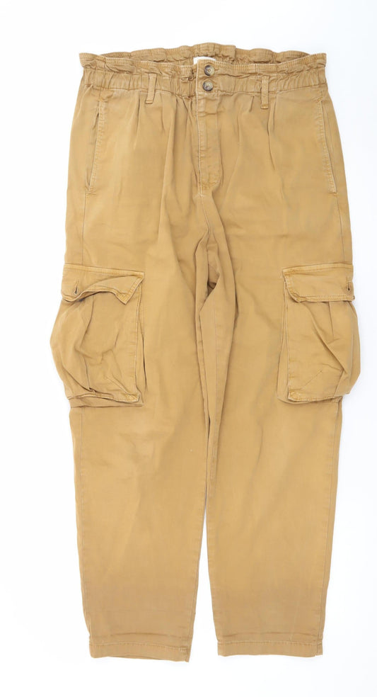 Pulz Jeans Men Beige Cargo Trousers L Relaxed Fit Elastic Waist
