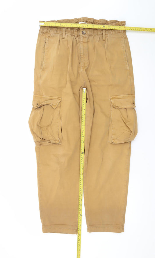 Pulz Jeans Men Beige Cargo Trousers L Relaxed Fit Elastic Waist