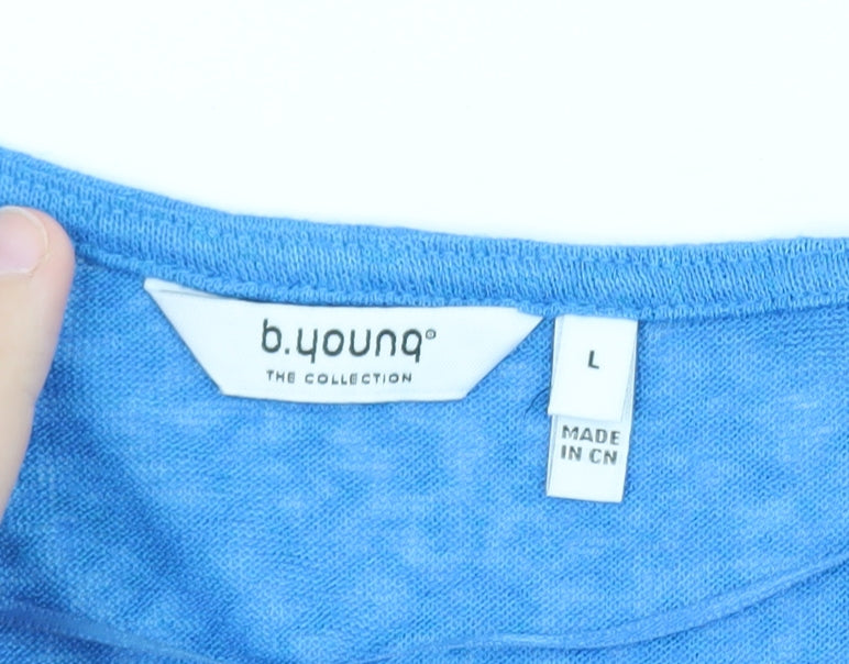 Brand and care label for b.young Women's Blue V-Neck Short Sleeve Jersey T-Shirt, size L