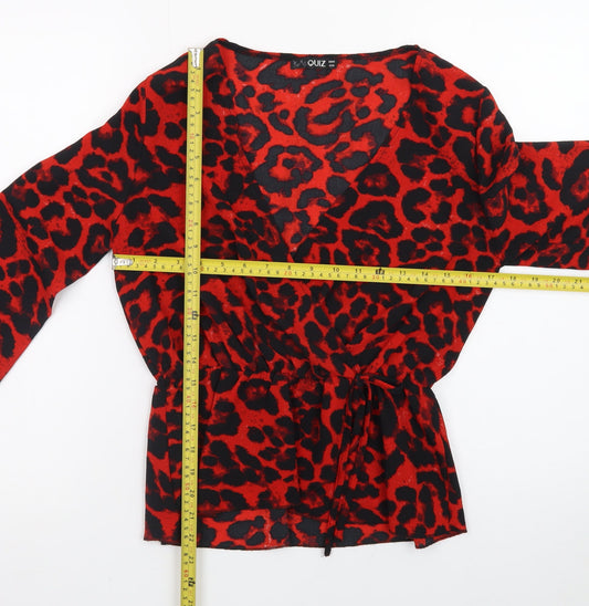 Quiz Women Red Leopard Print Wrap Blouse Size 10