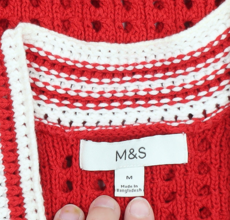 Marks and Spencer Womens Red Open Knit V-Neck Jumper Size M