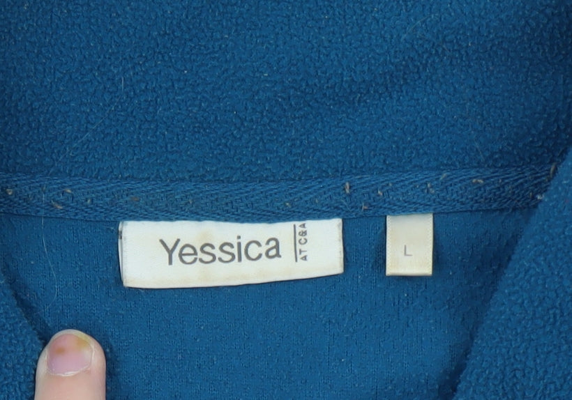 Brand and care label for Yessica unisex blue fleece full zip jacket l lightweight