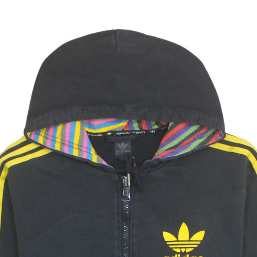 Adidas Men's Black Full Zip Hoodie L Yellow Stripes Retro Logo