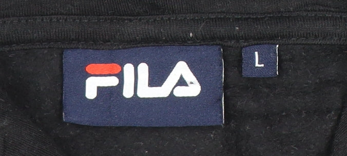 FILA Mens Black Pullover Hoodie L Logo Sports Fleece Sweatshirt