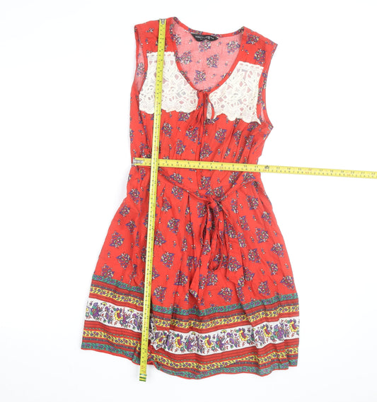 Dorothy Perkins Womens Red Lace Boho Floral A-Line Dress Size 8